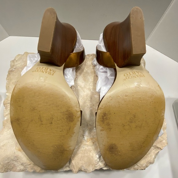 Sz 11 Franco Sarto Bronze Patent Leather Strappy Heeled Sandals - Picture 12 of 15